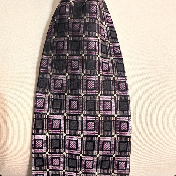 Pronto Uomo Silk Tie Men's Grey Purple Designer Necktie Office Geometric Carrier - Picture 2 of 10